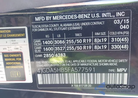 2015 Mercedes-Benz Ml 350 4Matic z USA, uszkodzony, nr VIN 4JGDA5HB5FA577591